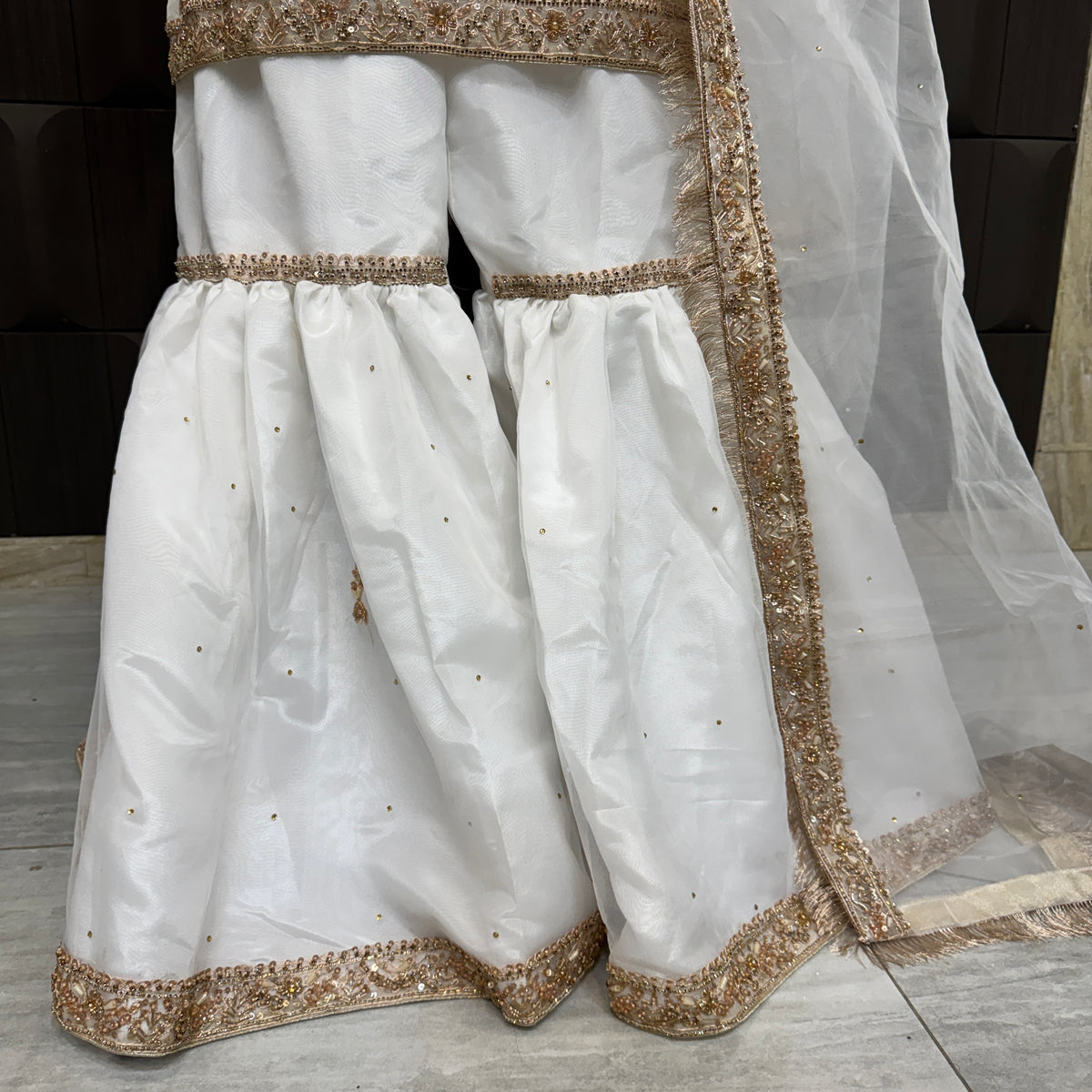Party wear PW039 garara design view – white organza tissue garara with hand embroidery Pakistani party wear dress for women
