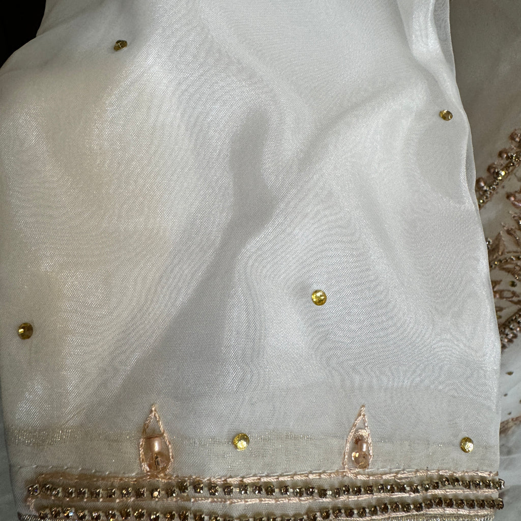 Party wear dresses in Pakistan PW039 garara close up – white organza tissue garara design hand embroidery nikah suit
