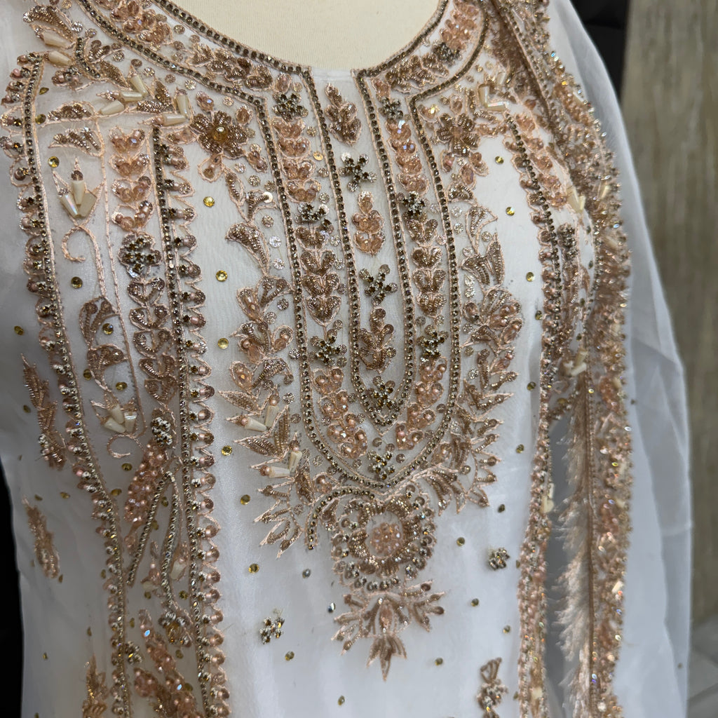 Party wear dresses for women PW039 shirt embroidery close up – hand work detail on white organza tissue garara Pakistani party wear
