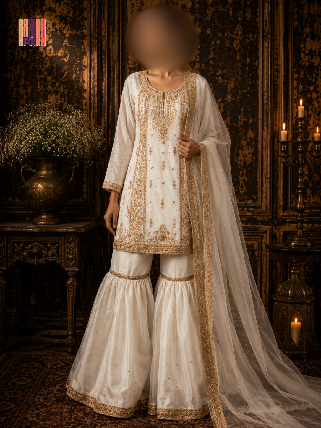 Party wear PW039 full view – white organza tissue hand embroidery garara design Pakistani party wear dress for women

