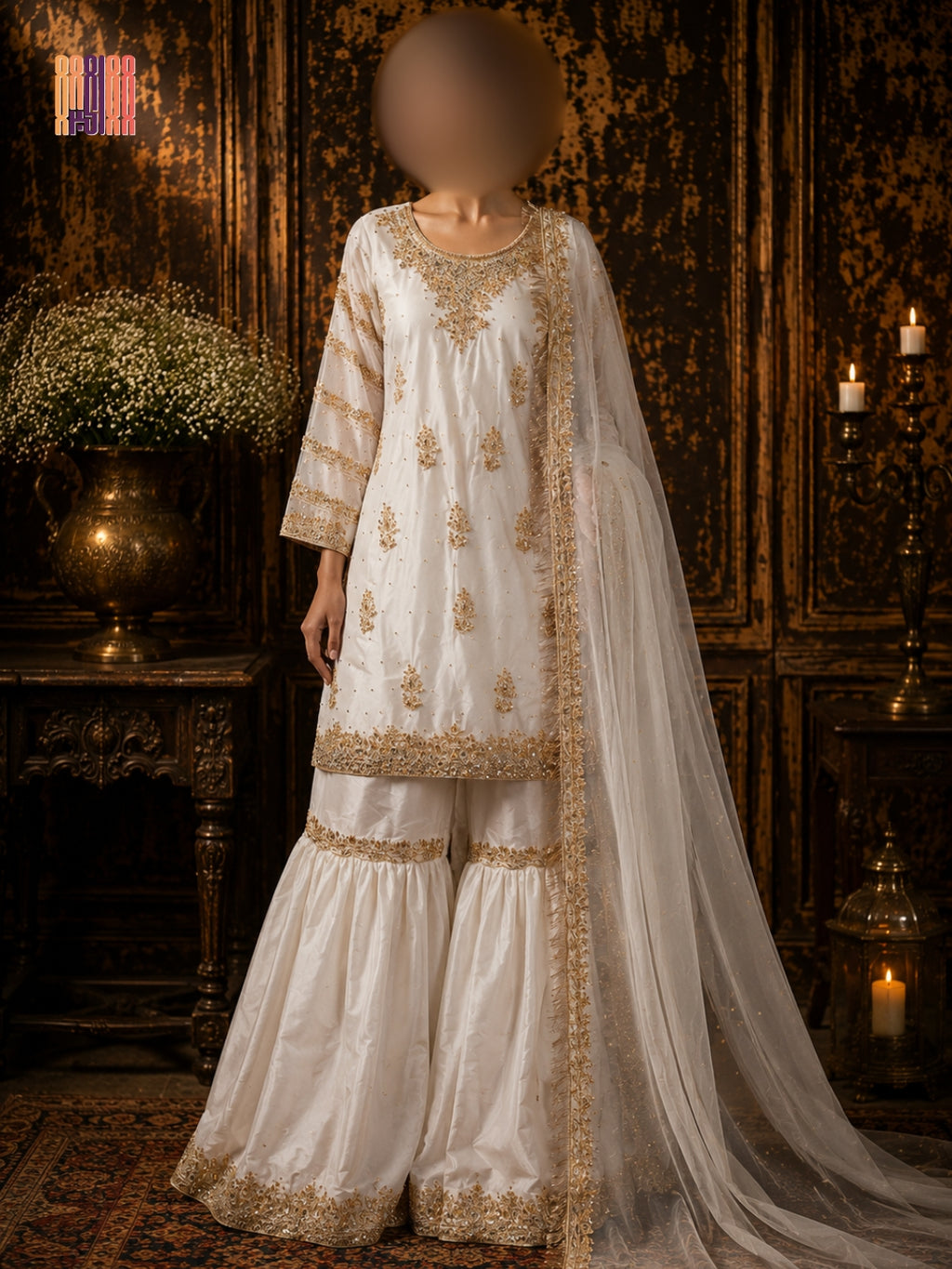 Party wear PW040 full view – white organza tissue hand embroidery garara design Pakistani party wear dress for women
