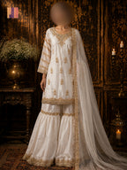 Party wear PW040 full view – white organza tissue hand embroidery garara design Pakistani party wear dress for women
