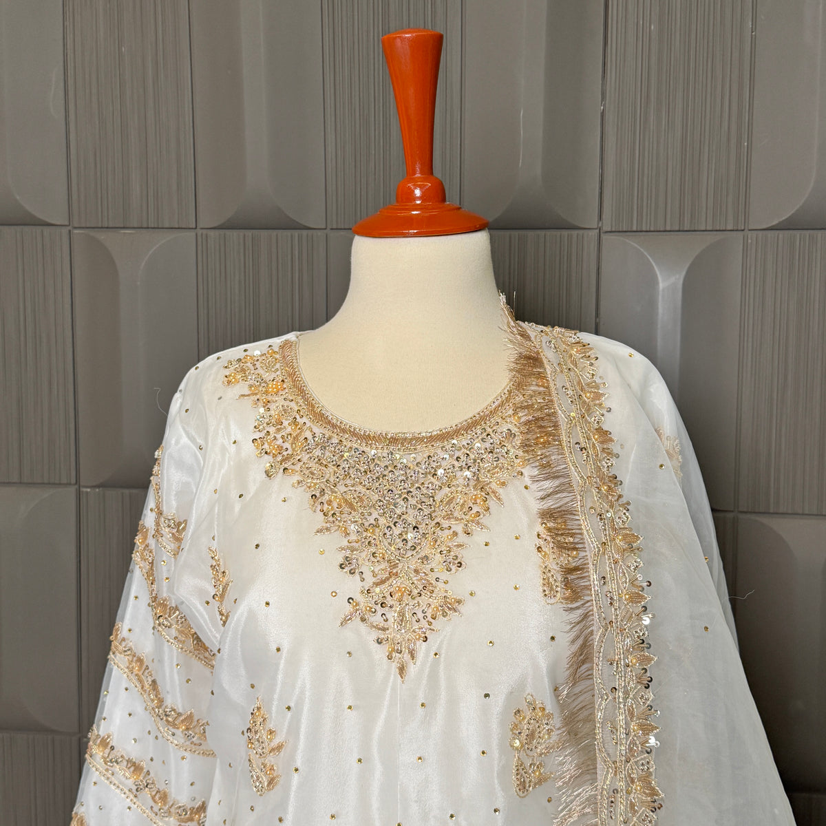 Party wear dresses in Pakistan PW040 shirt view – white organza tissue with hand embroidery front work garara nikah suit
