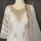 Party wear dresses for women PW040 shirt embroidery close up – hand work detail on white organza tissue garara Pakistani party wear
