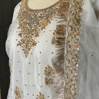 Party wear dresses pakistani brands PW040 shirt front close up – hand embroidery work on white organza tissue Pakistan
