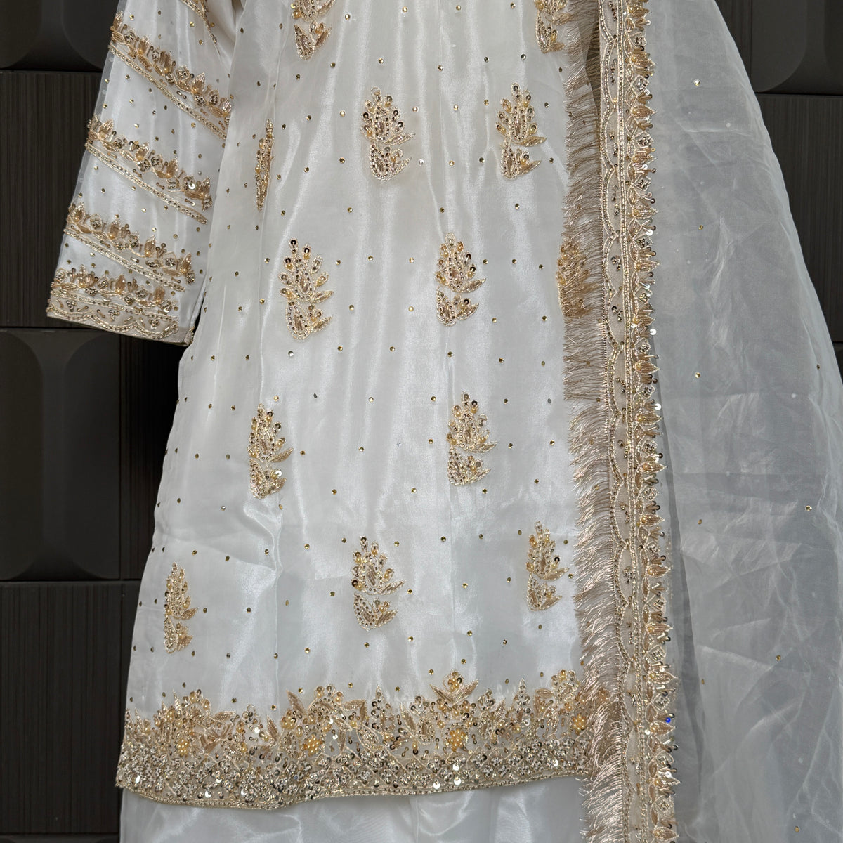 Party wear dresses pakistani brands PW040 shirt bottom front close up – hand embroidery work on white organza tissue Pakistan
