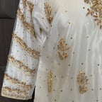 Party wear dresses pakistani brands PW040 shirt sleeves front close up – hand embroidery work on white organza tissue Pakistan

