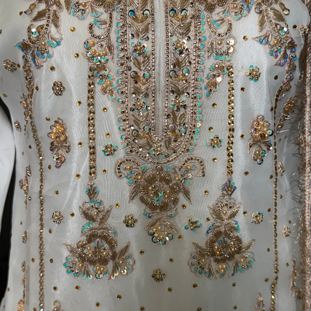 Party wear dresses pakistani brands PW041 shirt front close up – hand embroidery work on white organza tissue Pakistan
