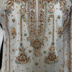 Party wear dresses pakistani brands PW041 shirt front close up – hand embroidery work on white organza tissue Pakistan
