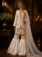 Party wear PW041 full view – white organza tissue hand embroidery garara design Pakistani party wear dress for women
