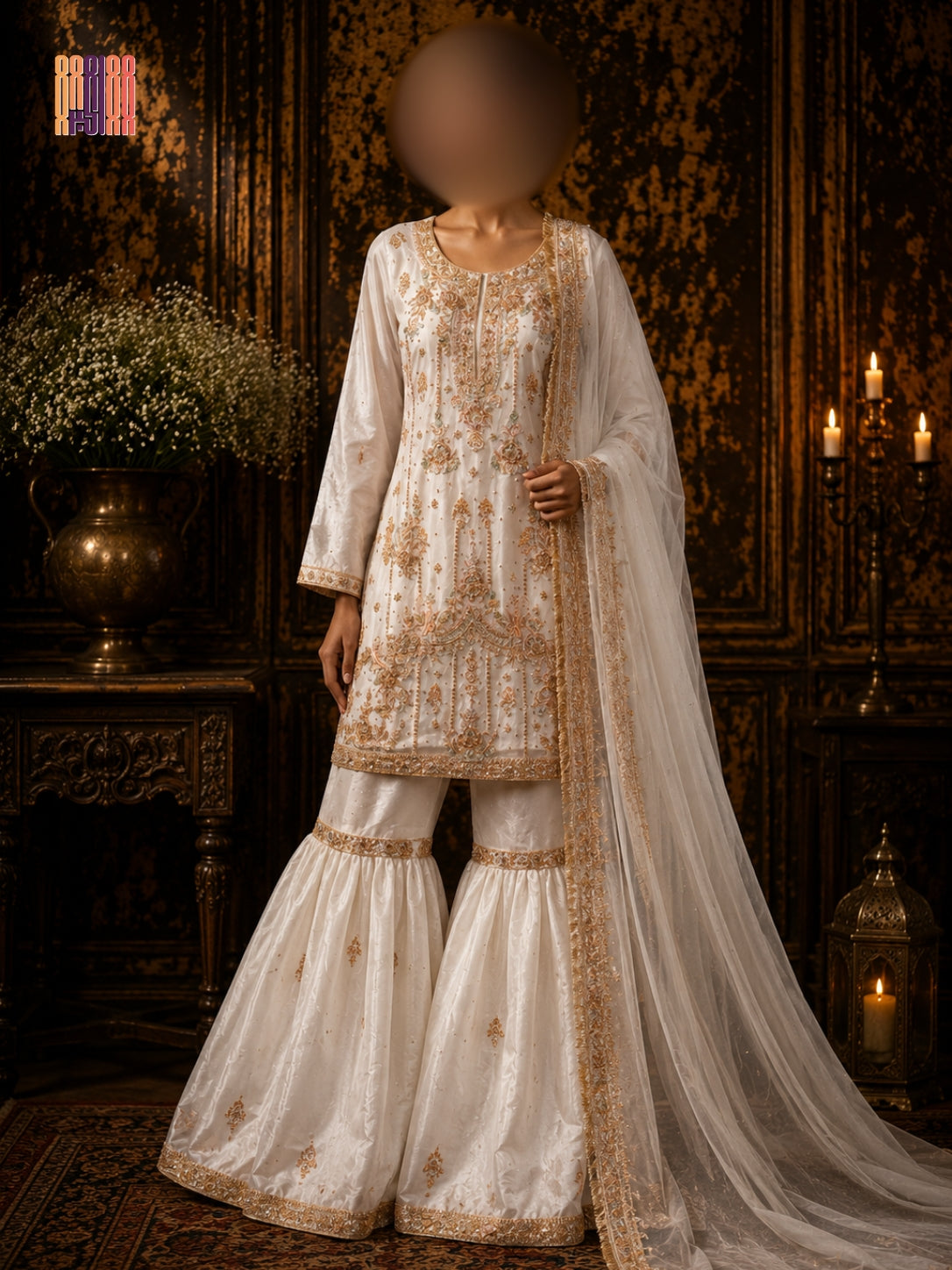 Party wear PW041 full view – white organza tissue hand embroidery garara design Pakistani party wear dress for women
