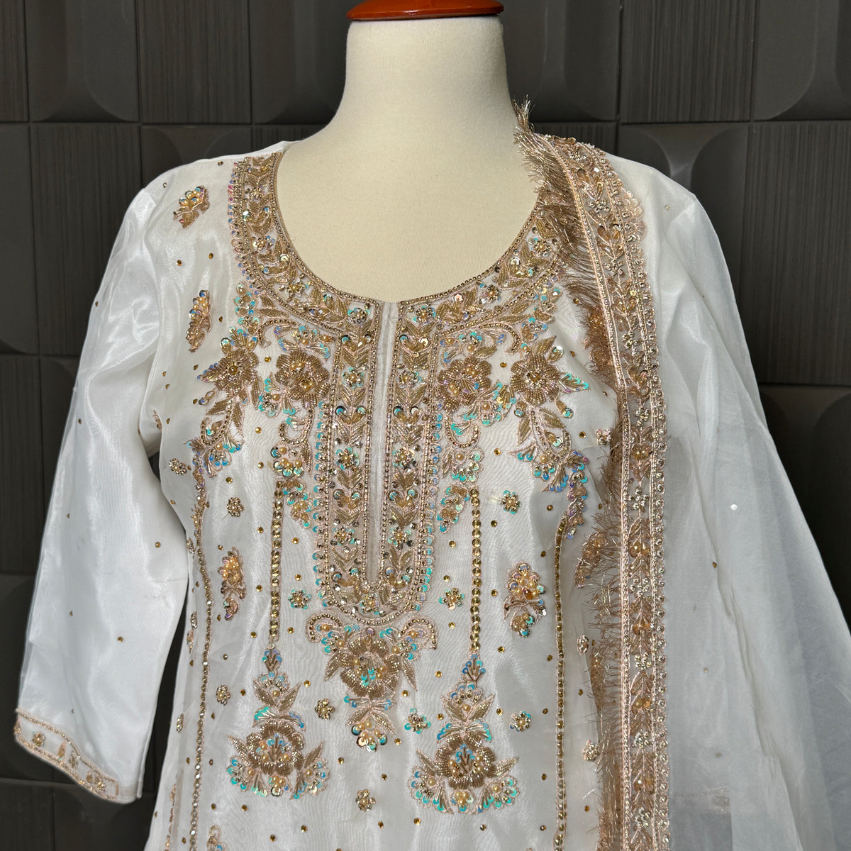 Party wear dresses in Pakistan PW041 shirt view – white organza tissue with hand embroidery front work garara nikah suit
