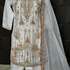 Party wear dresses pakistani brands PW041 shirt front bottom close up – hand embroidery work on white organza tissue Pakistan
