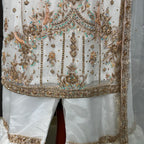 Party wear dresses pakistani brands PW041 shirt front close up – hand embroidery work on white organza tissue Pakistan
