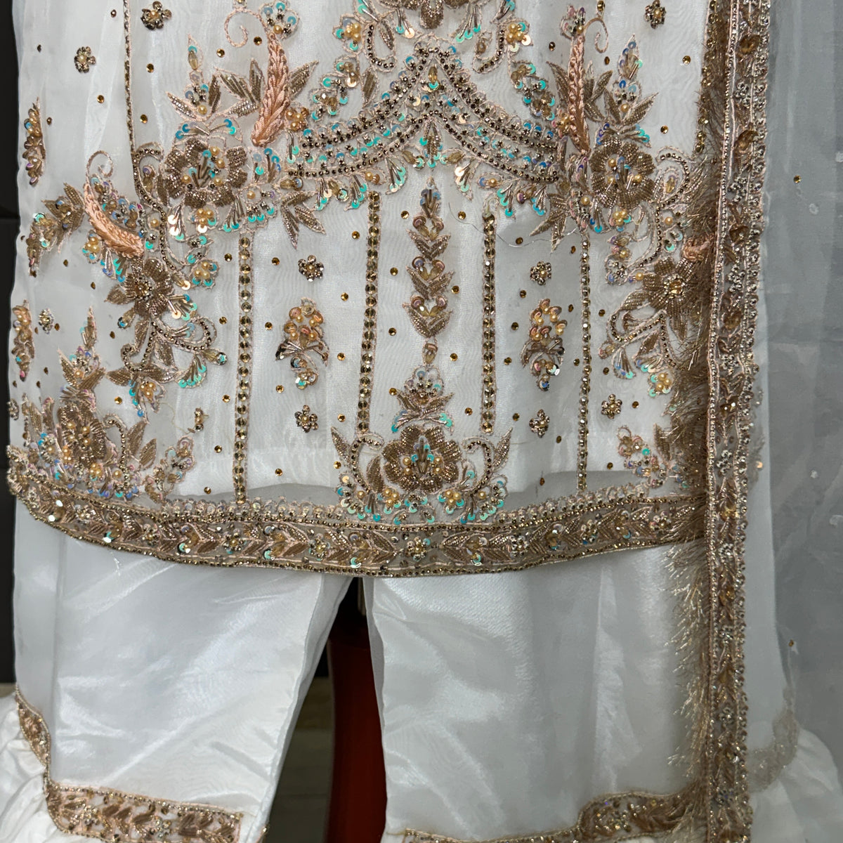 Party wear dresses pakistani brands PW041 shirt front close up – hand embroidery work on white organza tissue Pakistan
