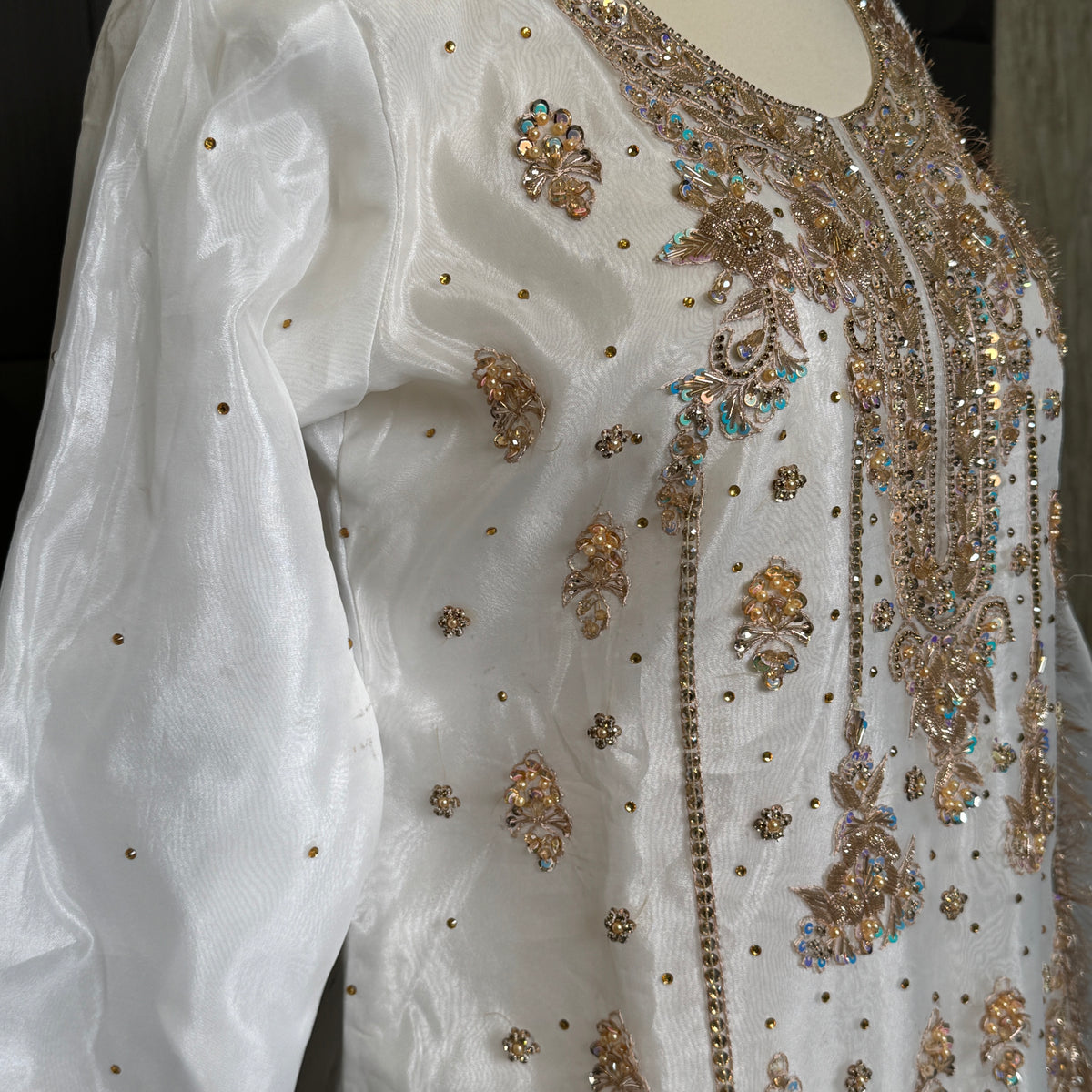 Party wear dresses for women PW041 shirt embroidery close up – hand work detail on white organza tissue garara Pakistani party wear
