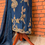 Party wear dresses for women PW035 shirt daman view – blue tassel silk with kora dabka embroidery bottom border Pakistan
