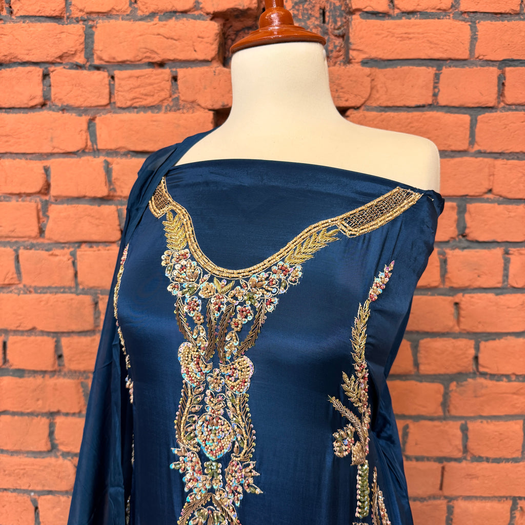 Party wear dresses in Pakistan PW035 shirt view – blue tassel silk with kora and dabka embroidery Pakistani party wear dress
