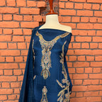 Party wear dresses for girl in Pakistan PW035 shirt close up – kora dabka hand work detail on blue tassel silk fabric

