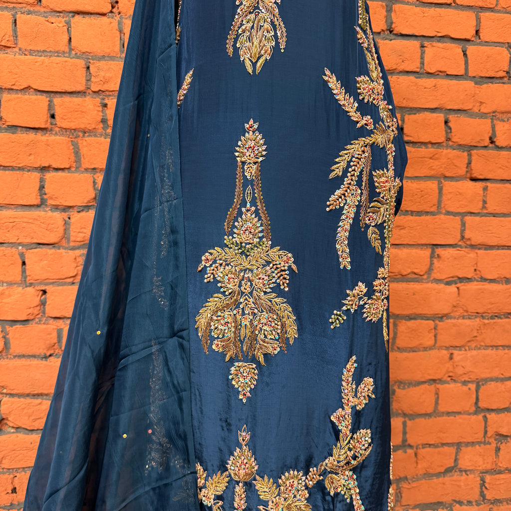 Party wear Pakistani brands PW035 dupatta – blue medium silk with pasted spray work Pakistani party wear dress

