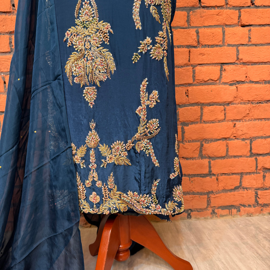 Party wear dresses for women PW035 shirt daman view – blue tassel silk with kora dabka embroidery bottom border Pakistan
