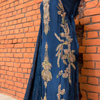 Party wear dresses for girl in Pakistan PW035 shirt close up – kora dabka hand work detail on blue tassel silk fabric
