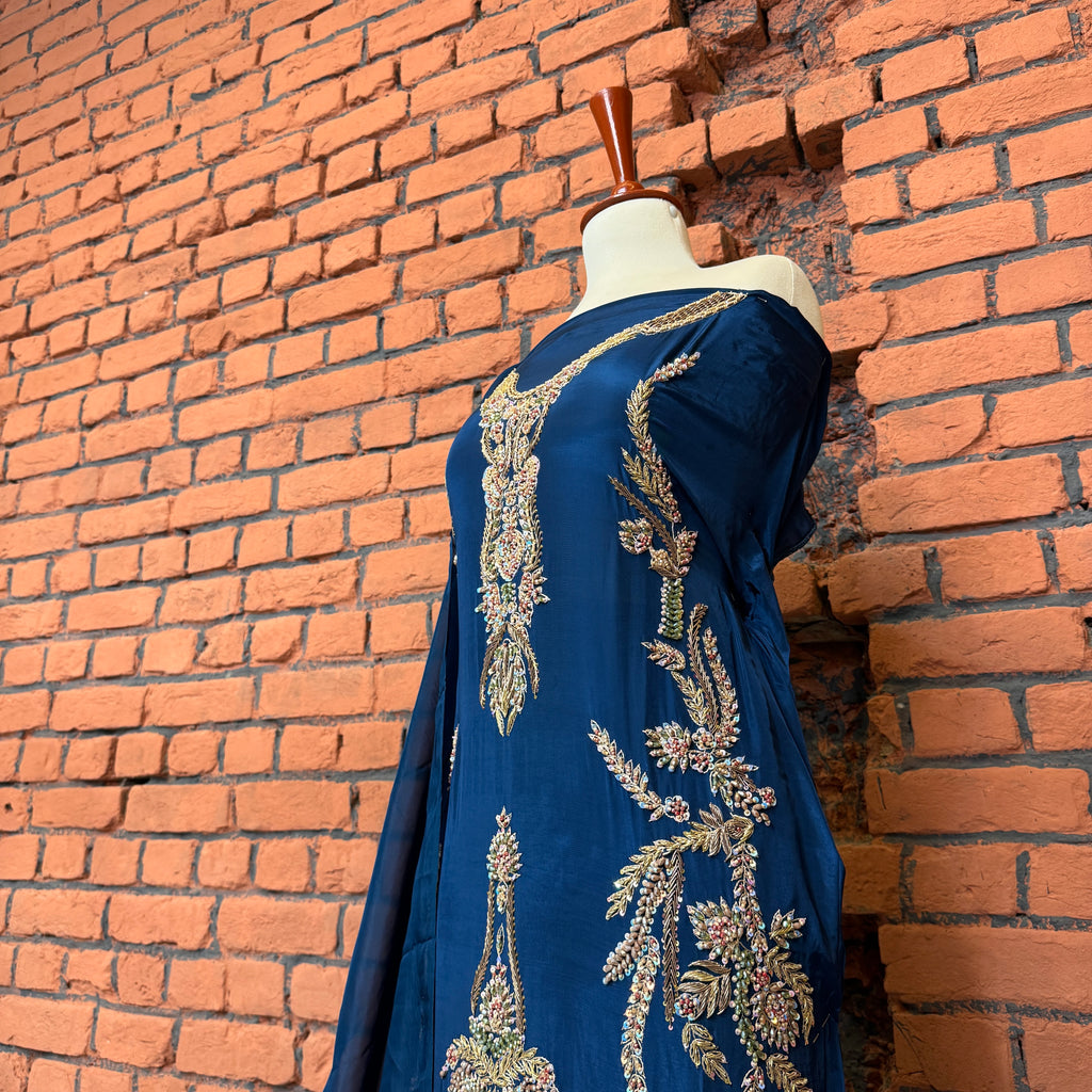 Party wear dresses for girl in Pakistan PW035 shirt close up – kora dabka hand work detail on blue tassel silk fabric
