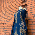 Party wear dresses for girl in Pakistan PW035 shirt close up – kora dabka hand work detail on blue tassel silk fabric
