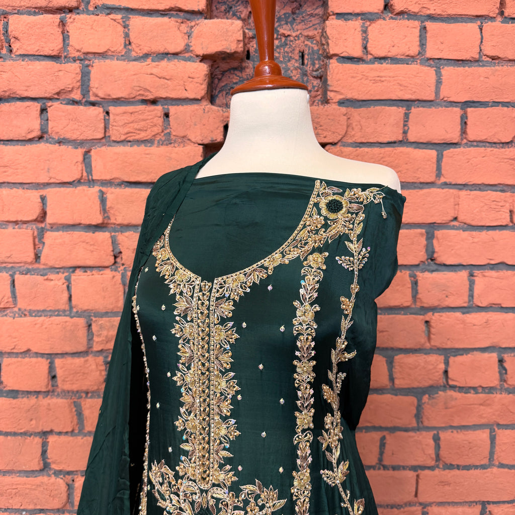 Party wear dresses in Pakistan PW033 shirt view – bottle green tassel silk with kora and dabka embroidery bridal Pakistan
