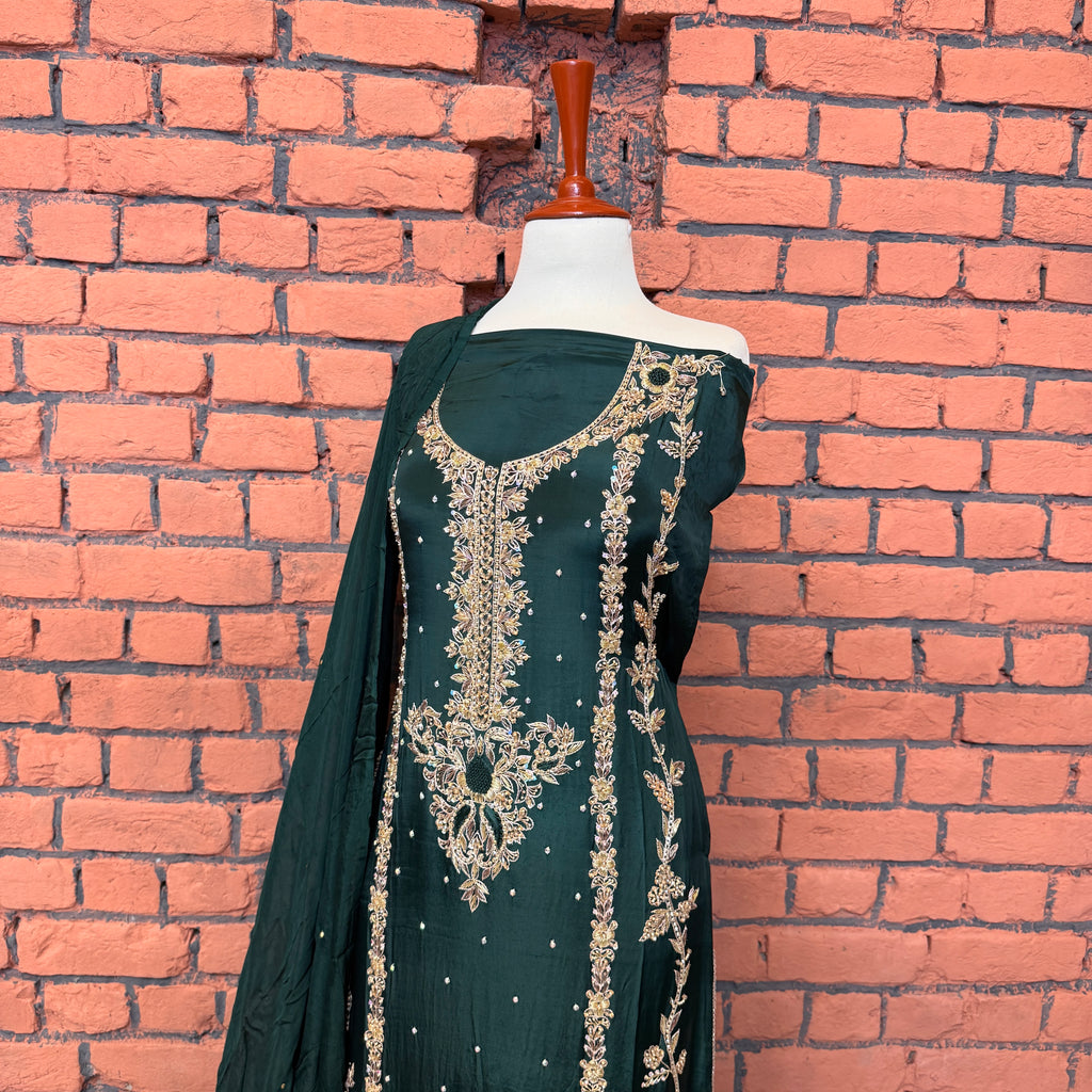Party wear dresses for girl in Pakistan PW033 shirt close up – kora dabka hand work detail on bottle green tassel silk fabric
