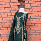 Party wear dresses for girl in Pakistan PW033 shirt close up – kora dabka hand work detail on bottle green tassel silk fabric
