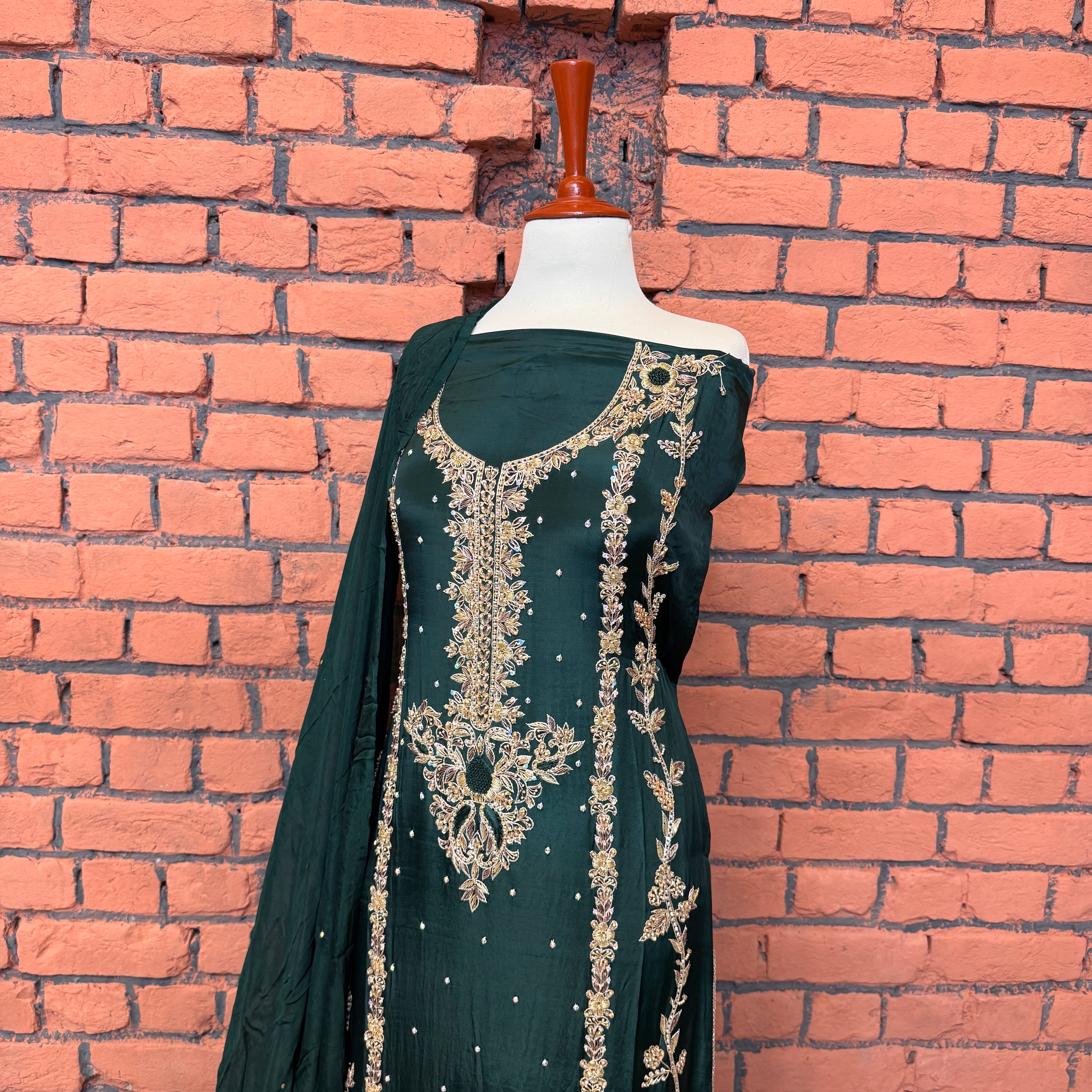 Party wear dresses for girl in Pakistan PW033 shirt close up – kora dabka hand work detail on bottle green tassel silk fabric
