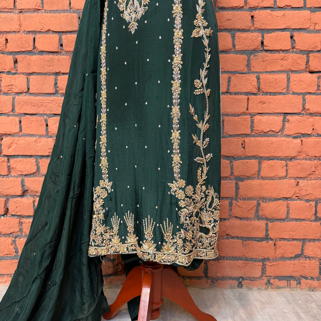 Party wear dresses for girl in Pakistan PW033 shirt close up – kora dabka hand work detail on bottle green tassel silk fabric
