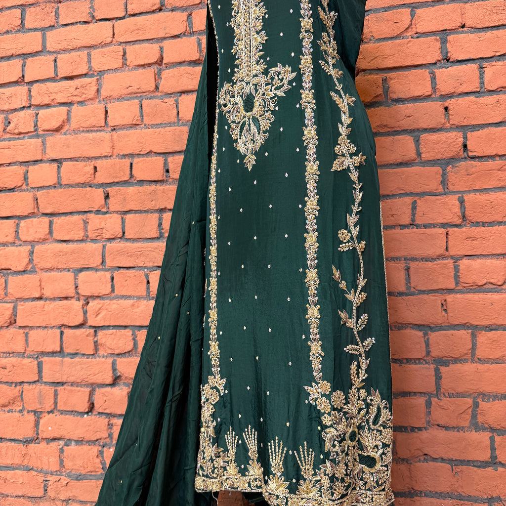 Party wear Pakistani brands PW033 sleeves detail – light border on bottle green tassel silk party wear dress Pakistan
