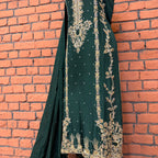 Party wear Pakistani brands PW033 sleeves detail – light border on bottle green tassel silk party wear dress Pakistan
