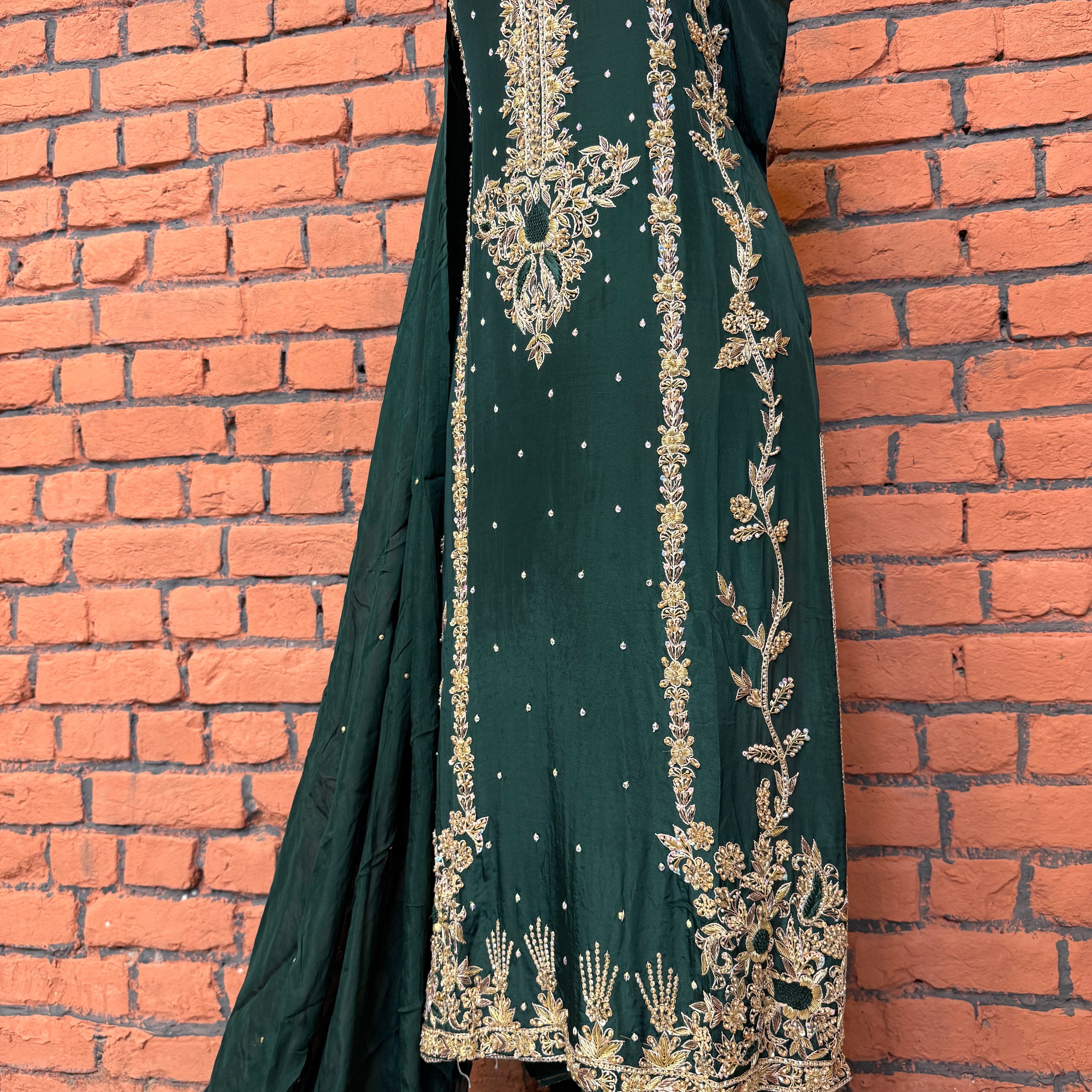 Party wear Pakistani brands PW033 sleeves detail – light border on bottle green tassel silk party wear dress Pakistan
