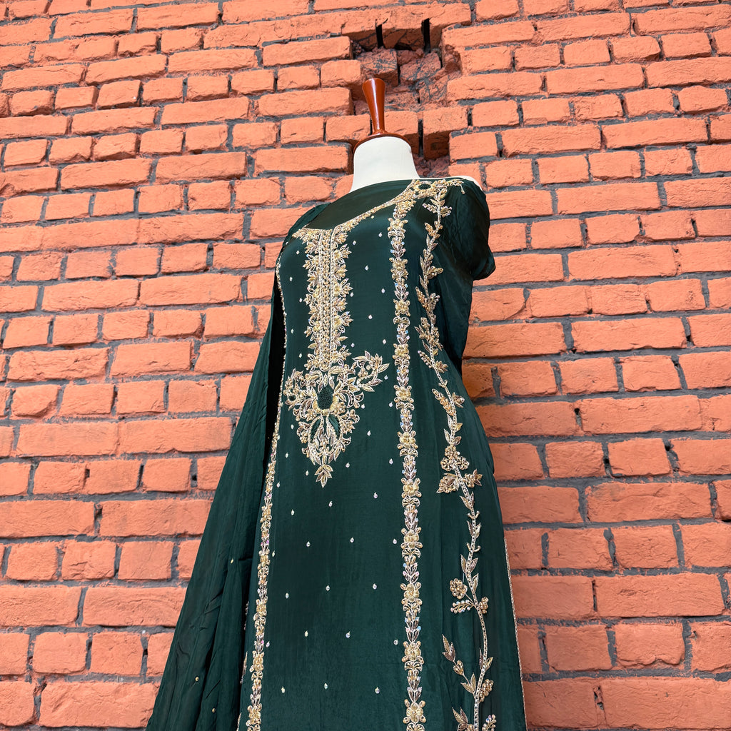 Party wear PW033 dupatta – bottle green medium silk with pasted spray work Pakistani party wear dress
