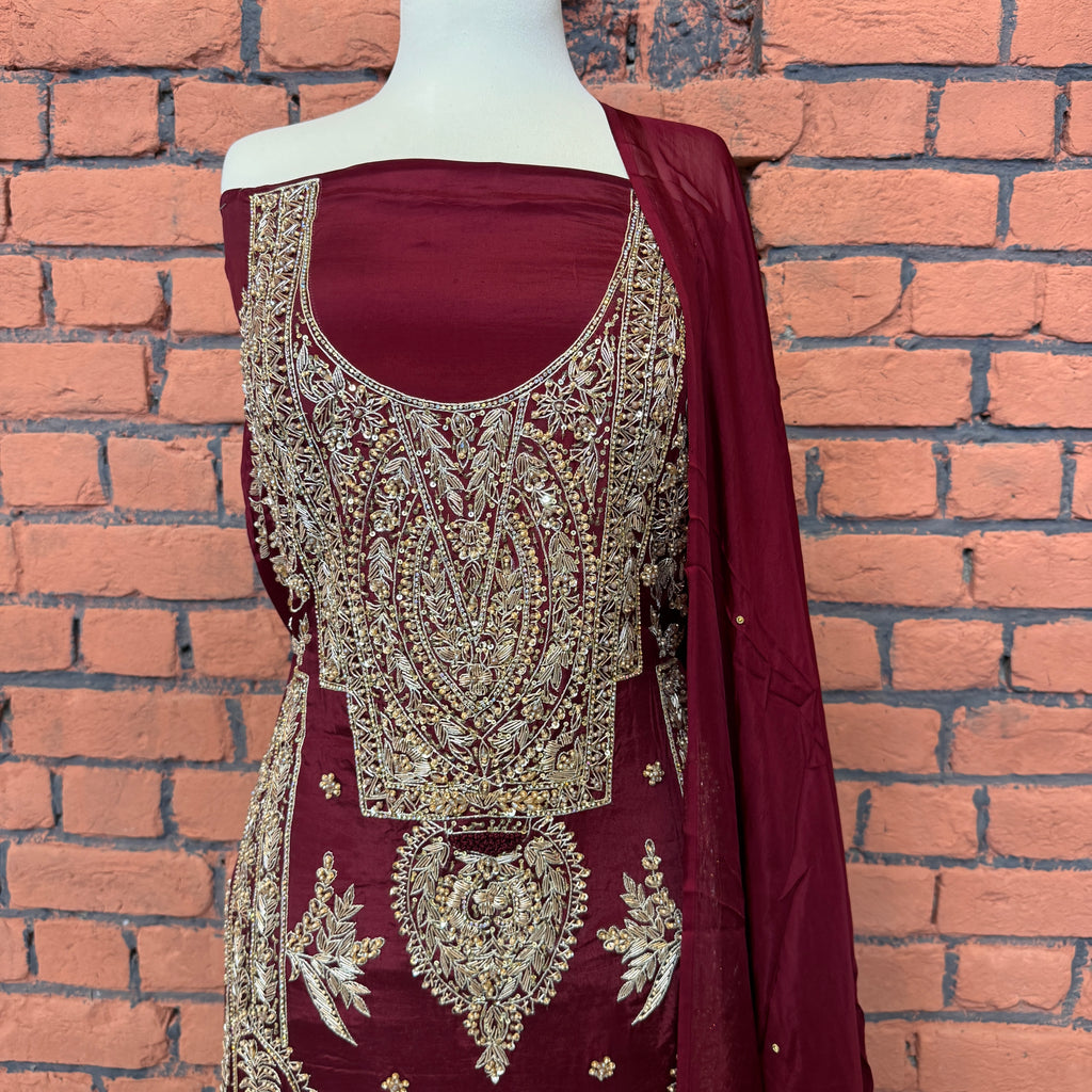 Party wear dresses in Pakistan PW037 shirt view – maroon tassel silk with kora and dabka embroidery Pakistani party wear dress
