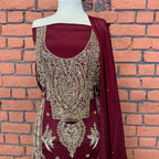 Party wear dresses in Pakistan PW037 shirt view – maroon tassel silk with kora and dabka embroidery Pakistani party wear dress
