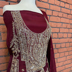 Party wear dresses for girl in Pakistan PW037 shirt close up – kora dabka hand work detail on maroon tassel silk fabric
