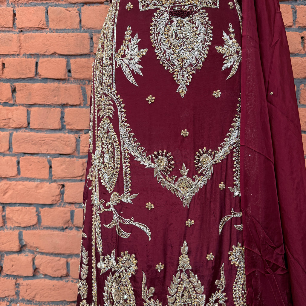 Party wear dresses for girl in Pakistan PW037 shirt close up – kora dabka hand work detail on maroon tassel silk fabric
