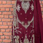 Party wear dresses for girl in Pakistan PW037 shirt close up – kora dabka hand work detail on maroon tassel silk fabric
