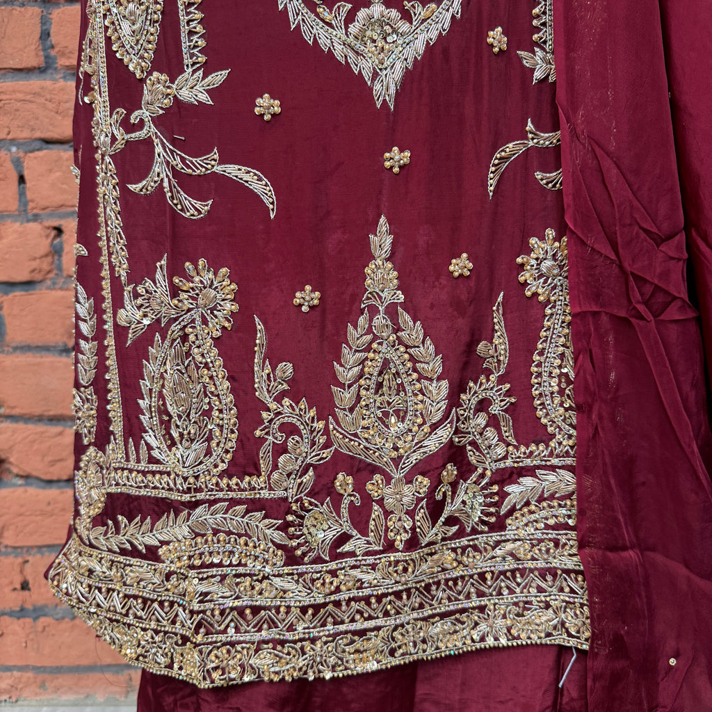 Party wear dresses for women PW037 shirt daman view – maroon tassel silk with kora dabka embroidery bottom border Pakistan
