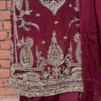 Party wear dresses for women PW037 shirt daman view – maroon tassel silk with kora dabka embroidery bottom border Pakistan
