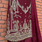 Party wear dresses for women PW037 shirt daman view – maroon tassel silk with kora dabka embroidery bottom border Pakistan
