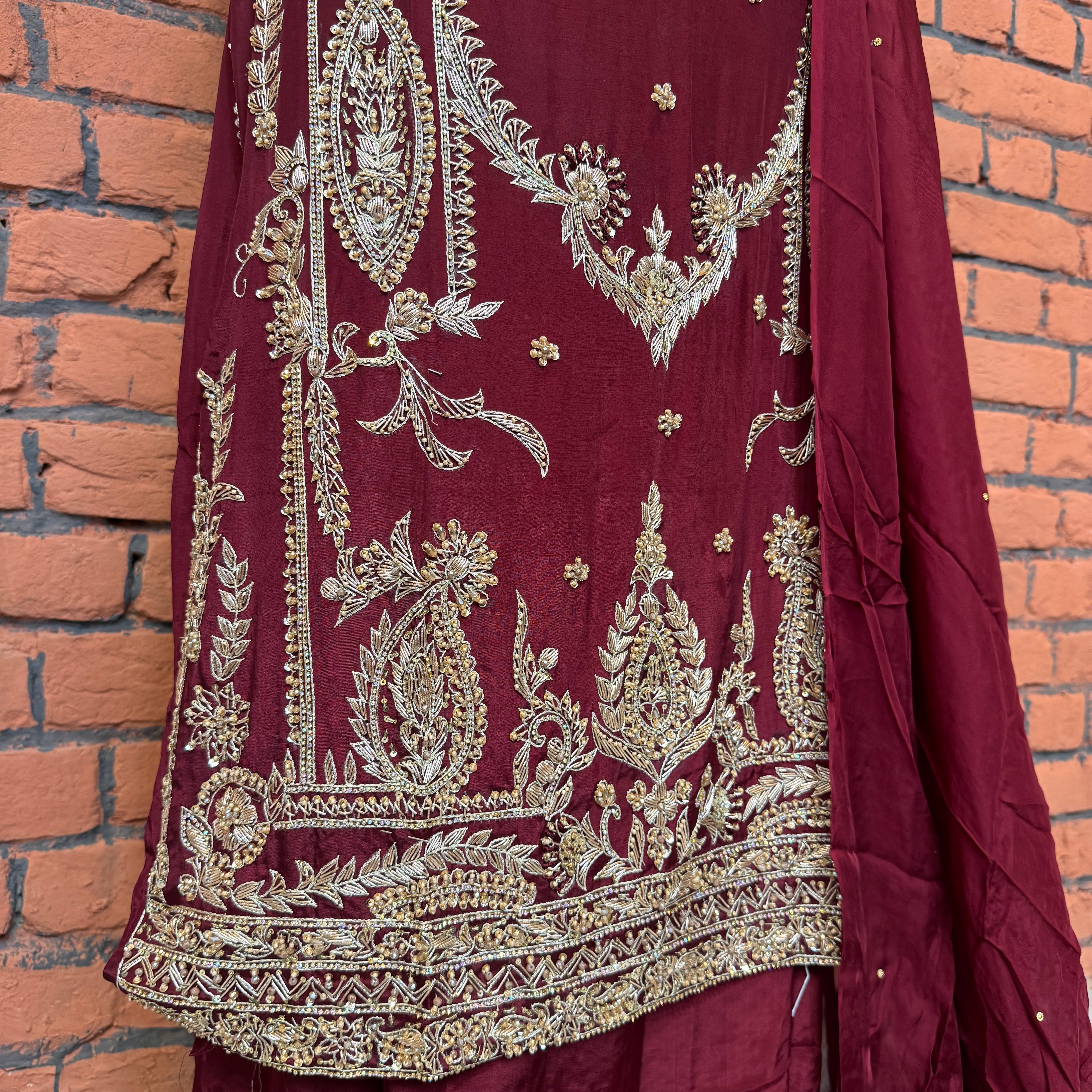 Party wear dresses for women PW037 shirt daman view – maroon tassel silk with kora dabka embroidery bottom border Pakistan
