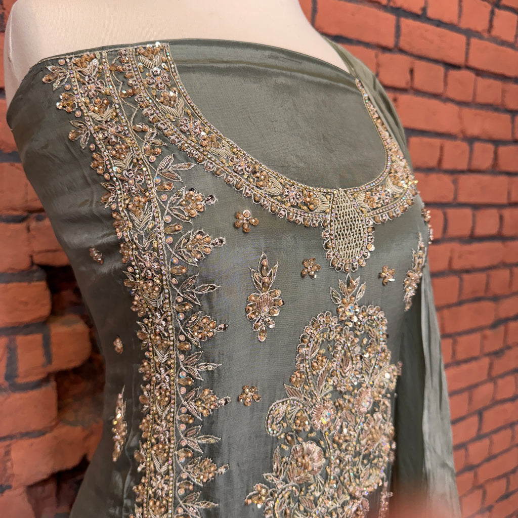 Party wear dresses for girl in Pakistan PW036 shirt close up – kora dabka hand work detail on pista tassel silk fabric
