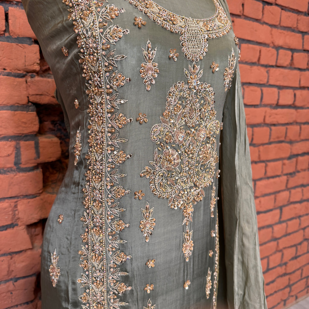 Party wear dresses for girl in Pakistan PW036 shirt close up – kora dabka hand work detail on pista tassel silk fabric
