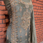 Party wear dresses for girl in Pakistan PW036 shirt close up – kora dabka hand work detail on pista tassel silk fabric

