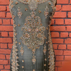 Party wear dresses for women PW036 shirt daman view – pista tassel silk with kora dabka embroidery bottom border Pakistan
